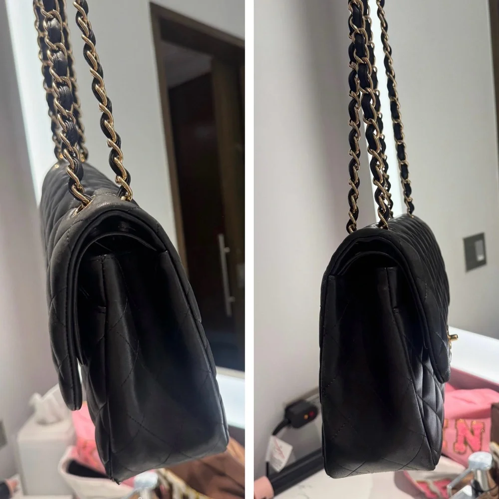 CHANEL Black Quilted Lambskin Shoulder Bag with Gold Chain
